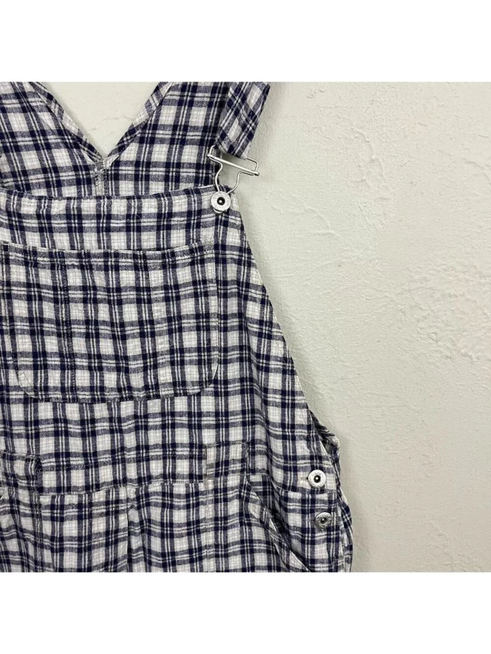 90s navy cream plaid artsy cottagecore cotton linen overall shorts